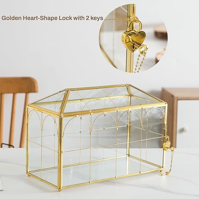 Glass Wedding Card Box with Slot, 12.5'' Large Clear Card Box Gold Brass Gift - Image 5