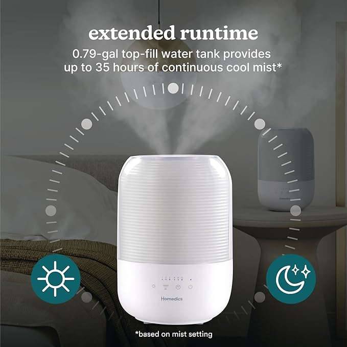 Homedics Ultrasonic Cool Mist Humidifier, Top-Fill 3L Water Tank, Covers 395 - Image 7