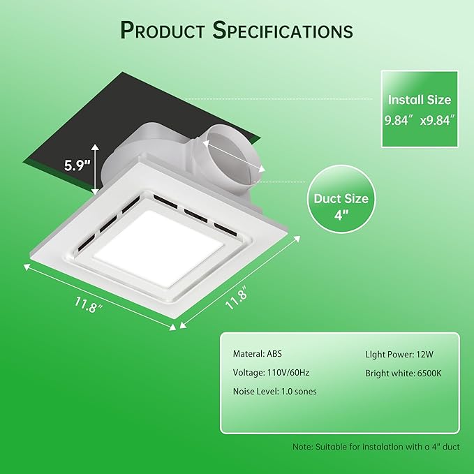 12" Exhaust Fan with Light, 144 CFM Silent Exhaust Fan with 6500K 12W LED Light - Image 2