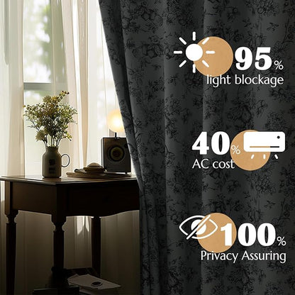 jinchan 95% Blackout Floral Curtains 63 Inches Long, Printed Flower Black - Image 2