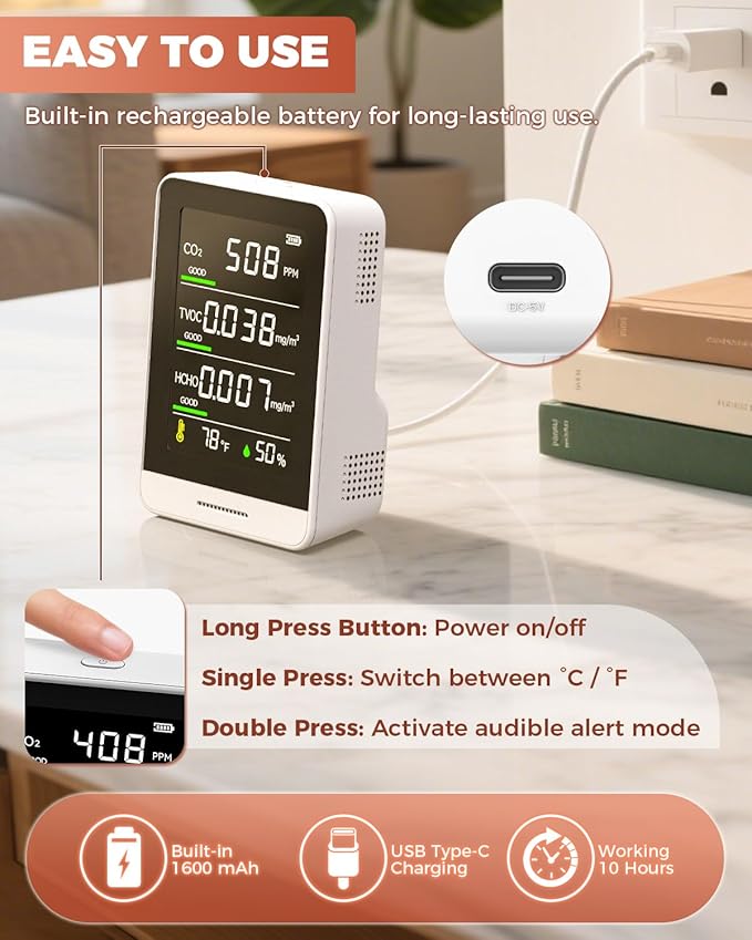 Air Quality Monitor Indoor, 5 in 1 Portable Real-Time Smart Air Quality Tester - Image 7