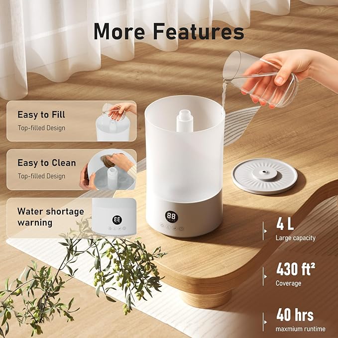 Humidifiers for Bedroom, 1Gal Top Fill Humidifier for Large Room, 250ml/h Cool - Image 3