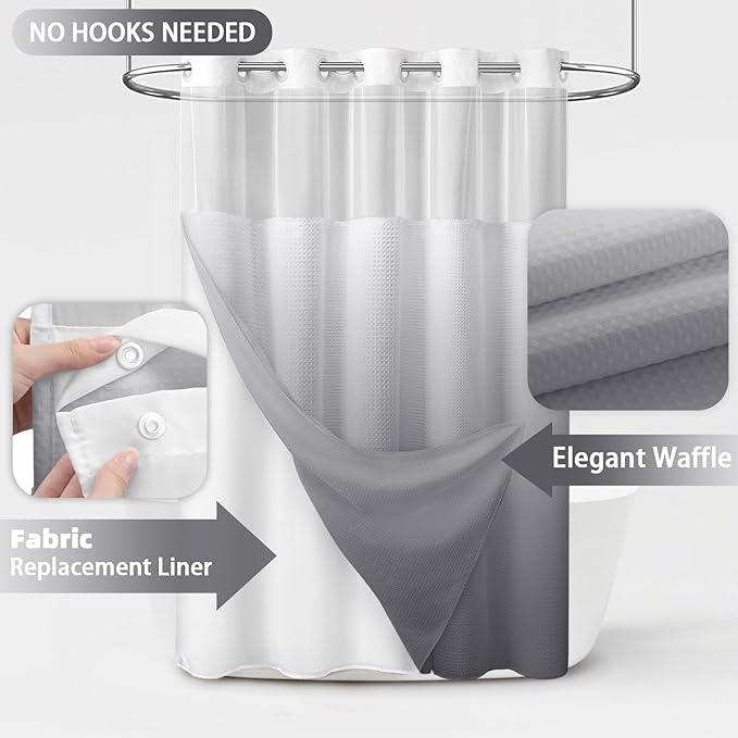 No Hook Shower Curtain and Liner Set, Ombre Grey Hotel Waffle Shower Curtain - Image 2