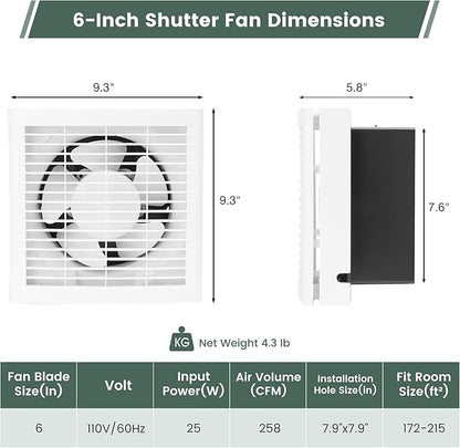 6" Shutter Exhaust Fan, 258CFM Window or Wall Mount Ventilation Fan - Image 2