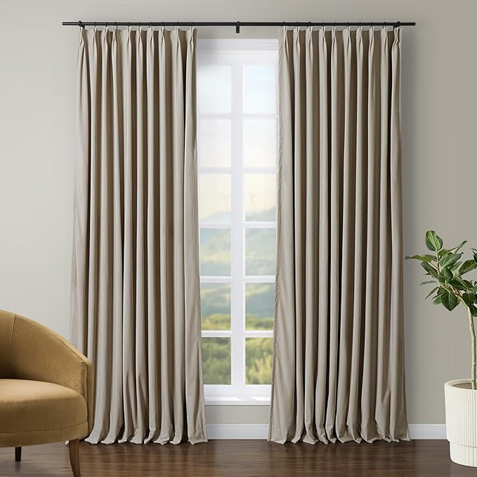 TWOPAGES Luxury Velvet Curtain Pinch Pleated Light Khaki Curtain 102 inch Long by TWOPAGES