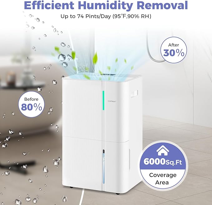 COSTWAY 74 Pints Dehumidifier for Basement, 6000 Sq.Ft Dehumidifier - Image 8