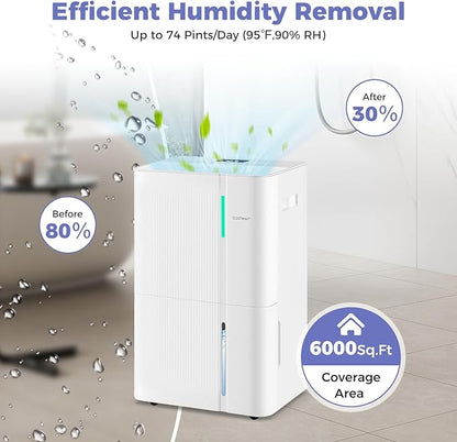 COSTWAY 74 Pints Dehumidifier for Basement, 6000 Sq.Ft Dehumidifier - Image 8