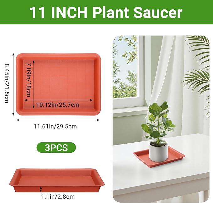 GREANER 11 Inch Red Plant Saucer, 3 Packs Plastic Plant Trays - Image 2
