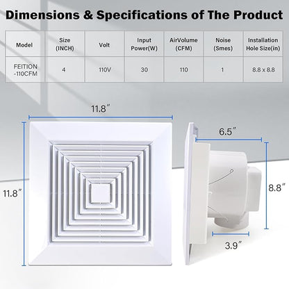 FEITON 110 CFM Bathroom Fan Exhaust Fan Ceiling Mount, 1.0 Sones, Square Quiet - Image 2