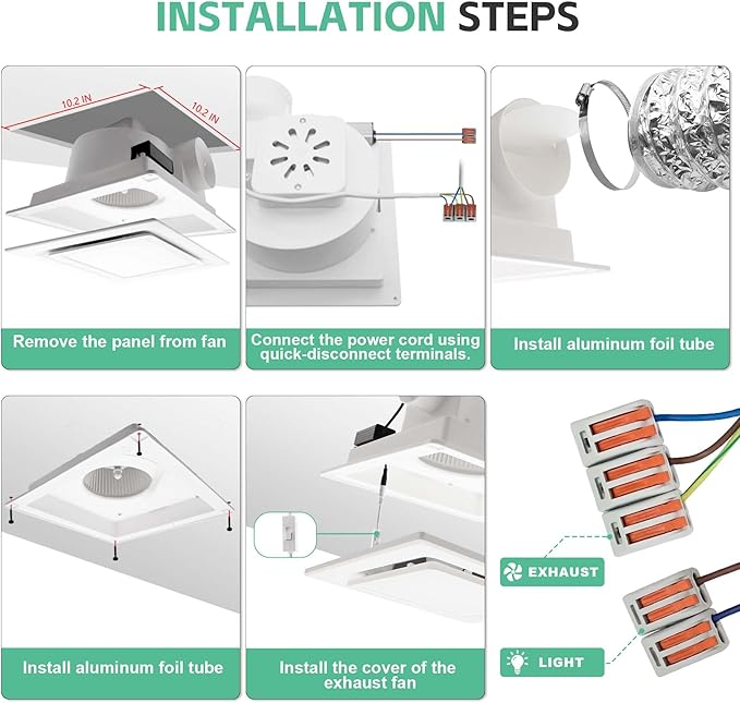 Bathroom Exhaust Fan with Light, 11.8 in Panel, 12W Square LED, 141 CFM - Image 4
