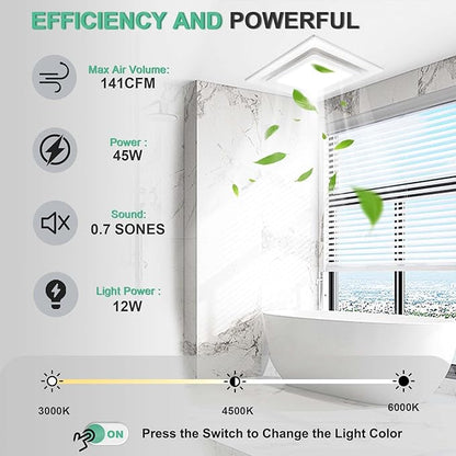 Bathroom Exhaust Fan with Light, 11.8 in Panel, 12W Square LED, 141 CFM - Image 4