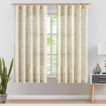 jinchan Floral Curtains 63 Inch Length Mustard Yellow Flower Linen Farmhouse - Image 2