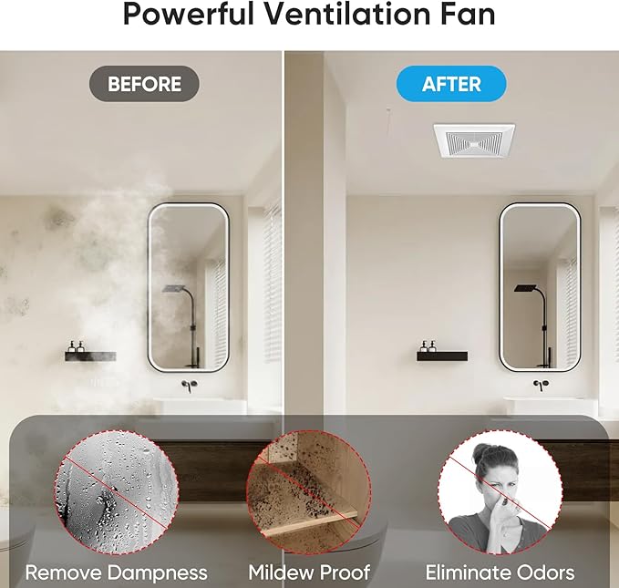 10 Inch Bathroom Exhaust Fan, 160 CFM 1.0 Sones Square Ultra Quiet Bathroom - Image 6