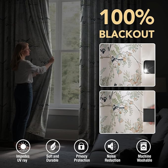 H.VERSAILTEX Floral 100% Blackout Curtains 63 inch Length 2 Panels Set Printed - Image 3