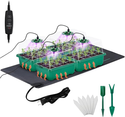 Seed Starter Tray with Grow Light & Heat Mat- 4 Pack 48 Cell Durable Easy Use by Apipi