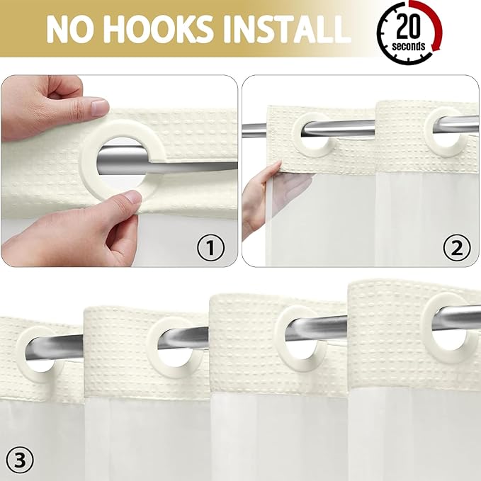 No Hook Shower Curtain and Liner Set, Cream Hotel Waffle Shower Curtain - Image 2