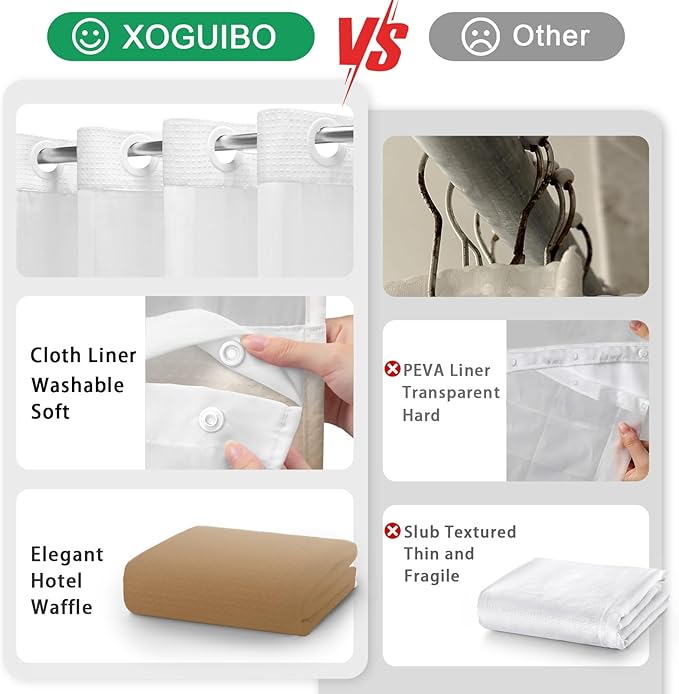 No Hook Shower Curtain and Liner Set, Ombre Beige Hotel Waffle Shower Curtain - Image 4