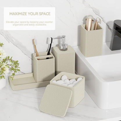 Beige Bathroom Accessories Set 5 Pieces, Resin Toothbrush Holders Set Complete - Image 2