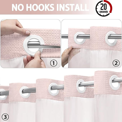 No Hook Shower Curtain and Liner Set, Blush Pink Hotel Waffle Shower Curtain - Image 2