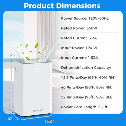 COSTWAY 52 Pint Dehumidifier for Basement, 3.3 FT Drain Hose, Clothes Drying - Image 7