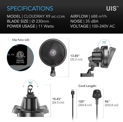 AC Infinity CLOUDRAY S9 2-Pack, Grow Tent Clip Fan 9” - Image 7