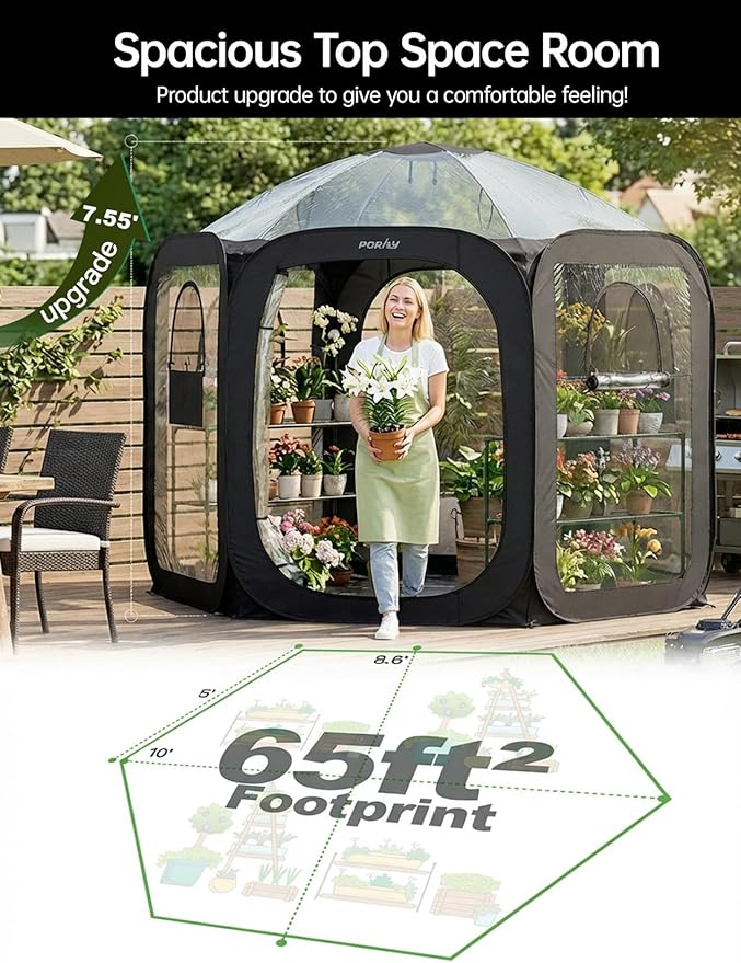 Porayhut Pop Up Greenhouse Tent, Portable Large Walk-in Plant House 10’X10’ - Image 3