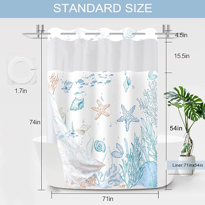 No Hook Shower Curtain with Snap in Liner, Beach Ocean Nautical Coastal Shower - Image 7