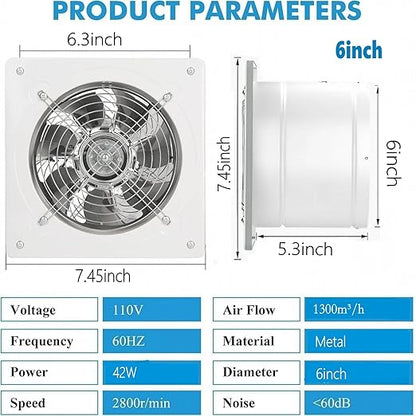 6 inch Exhaust Fan Wall Mounted Garage Ventilation Fan, 290CFM Metal Attic - Image 3