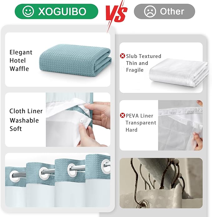 No Hook Shower Curtain and Liner Set, Cyan Hotel Waffle Shower Curtain - Image 5