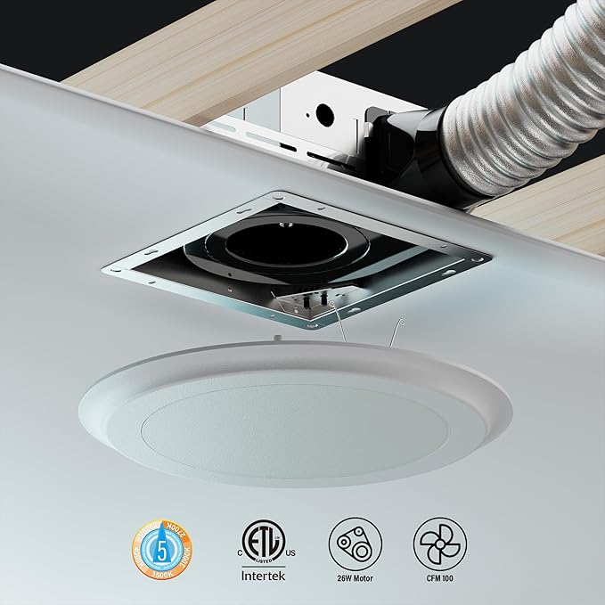 100CFM Round Bathroom Ventilation Fan: Quiet 1.2 Sones Ceiling Mount Exhaust - Image 3