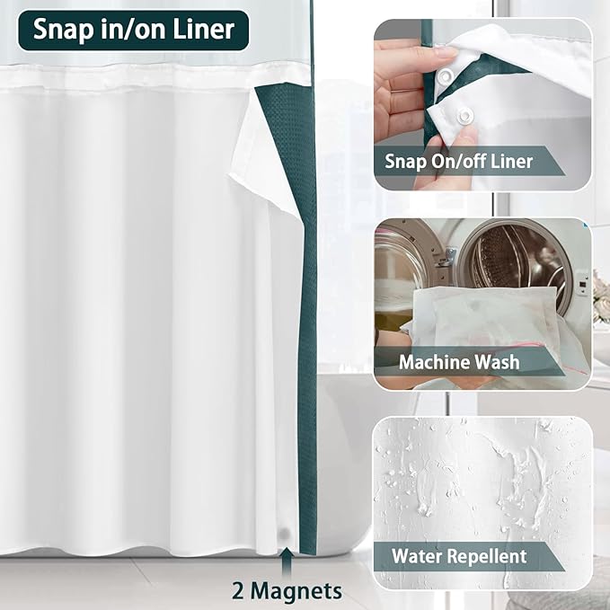 No Hook Shower Curtain and Liner Set, Seaweed Green Hotel Waffle Shower Curtain - Image 4