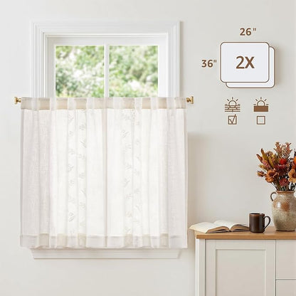 jinchan Belrose Linen Floral Kitchen Curtains 36 inch Length Embroidered - Image 5