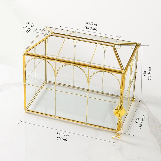 Glass Wedding Card Box with Slot, 10.2'' Large Clear Card Box Gold Brass Gift - Image 6