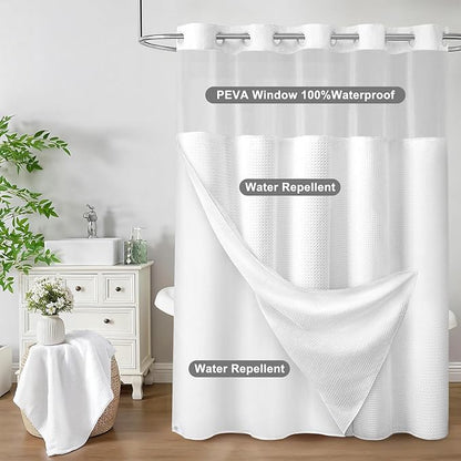 No Hook Shower Curtain with Fabric Liner White Hotel Waffle 75" L x 72" W - Image 6