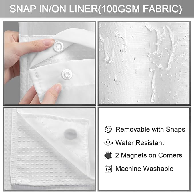 No Hook Shower Curtain with Fabric Liner White Hotel Waffle 75" L x 72" W - Image 5