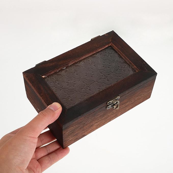 Wooden Jewelry Box with Glass Lid, Small Rustic Jewelry Display Case Storage - Image 3