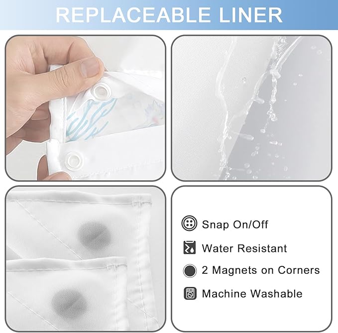 No Hook Shower Curtain with Snap in Liner, Beach Ocean Nautical Coastal Shower - Image 5