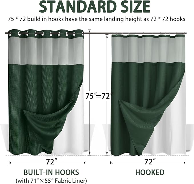 No Hook Shower Curtain and Liner Set, Dark Green Hotel Waffle Shower Curtain - Image 6