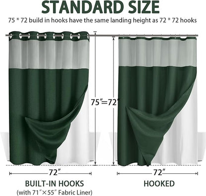 No Hook Shower Curtain and Liner Set, Dark Green Hotel Waffle Shower Curtain - Image 6