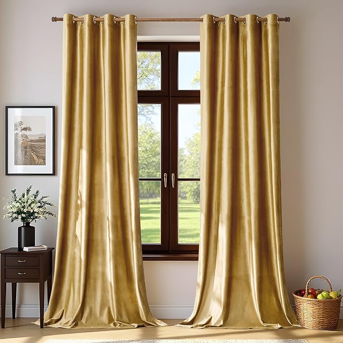 BULBUL Velvet Gold Curtains 102 inch Length- Living Room Blackout Thermal by ModernShinyVelvetCurtains