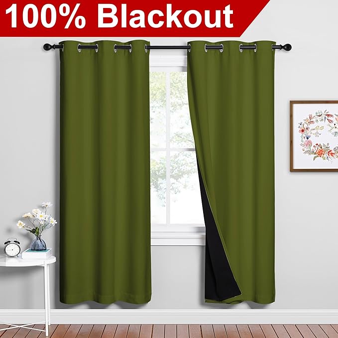 NICETOWN Olive Green Full Shade Curtain Panels, Olive Green, Pair of Thermal - Image 2
