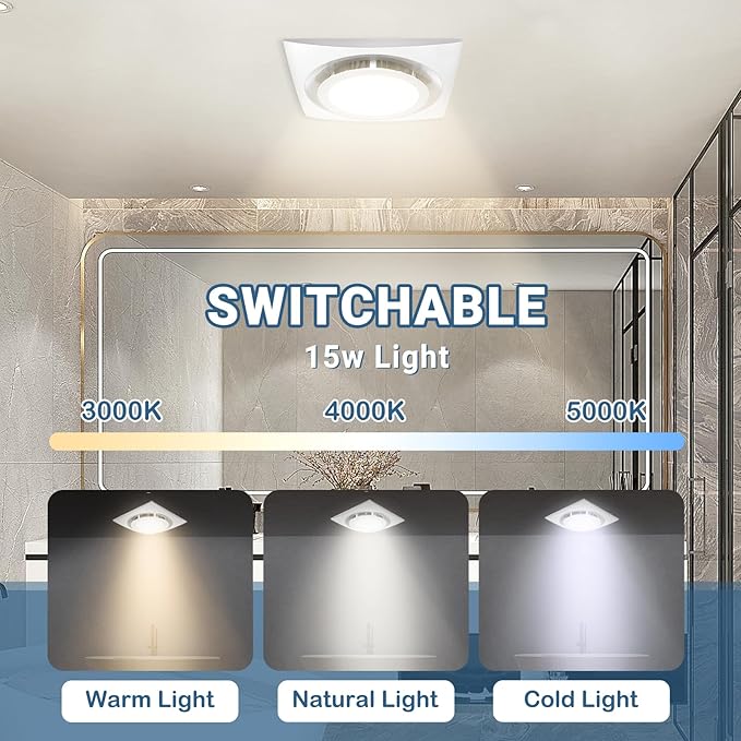 Bathroom Exhaust Fan with LED light 9.6 inch– 110 CFM, Quiet 1.0 Sones Noise - Image 6