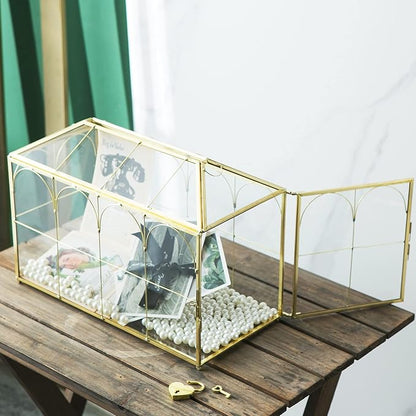 Glass Wedding Card Box with Slot, 12.6 inch Large Clear Card Box Gold Brass - Image 4
