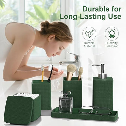 Dark Green Bathroom Accessories Set 5 Pieces, Resin Toothbrush Holders Set - Image 3