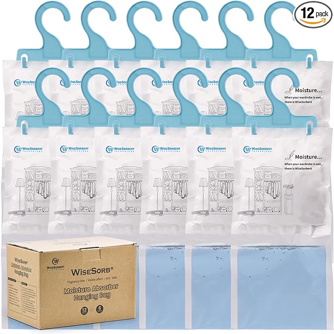 Moisture Absorber Refill Hanging Bags, 12 Pack – Calcium Chloride Dehumidifier by Wisesorb