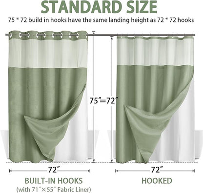 No Hook Shower Curtain and Liner Set, Sage Green Hotel Waffle Shower Curtain - Image 6