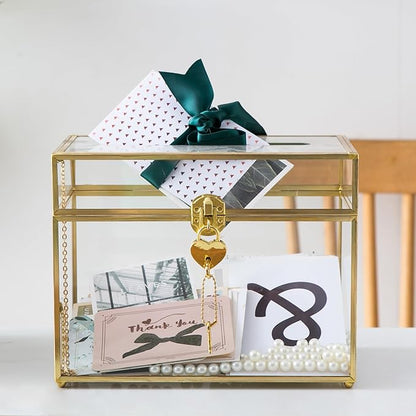 Glass Wedding Card Box with Slot and Lock, Large Clear Card Box Gold Brass Gift - Image 7