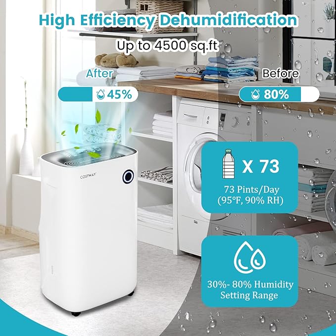 COSTWAY 73 Pint Dehumidifier for Basement, 4500 Sq. Ft Home Dehumidifier - Image 2