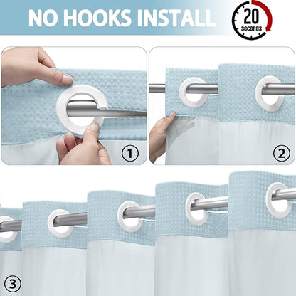No Hook Shower Curtain and Liner Set, Teal Hotel Waffle Shower Curtain - Image 2