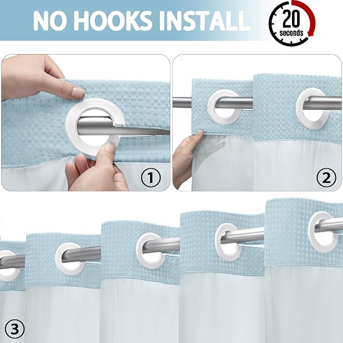 Aqua No Hook Shower Curtain and Liner Set, Hotel Waffle Shower Curtain - Image 2